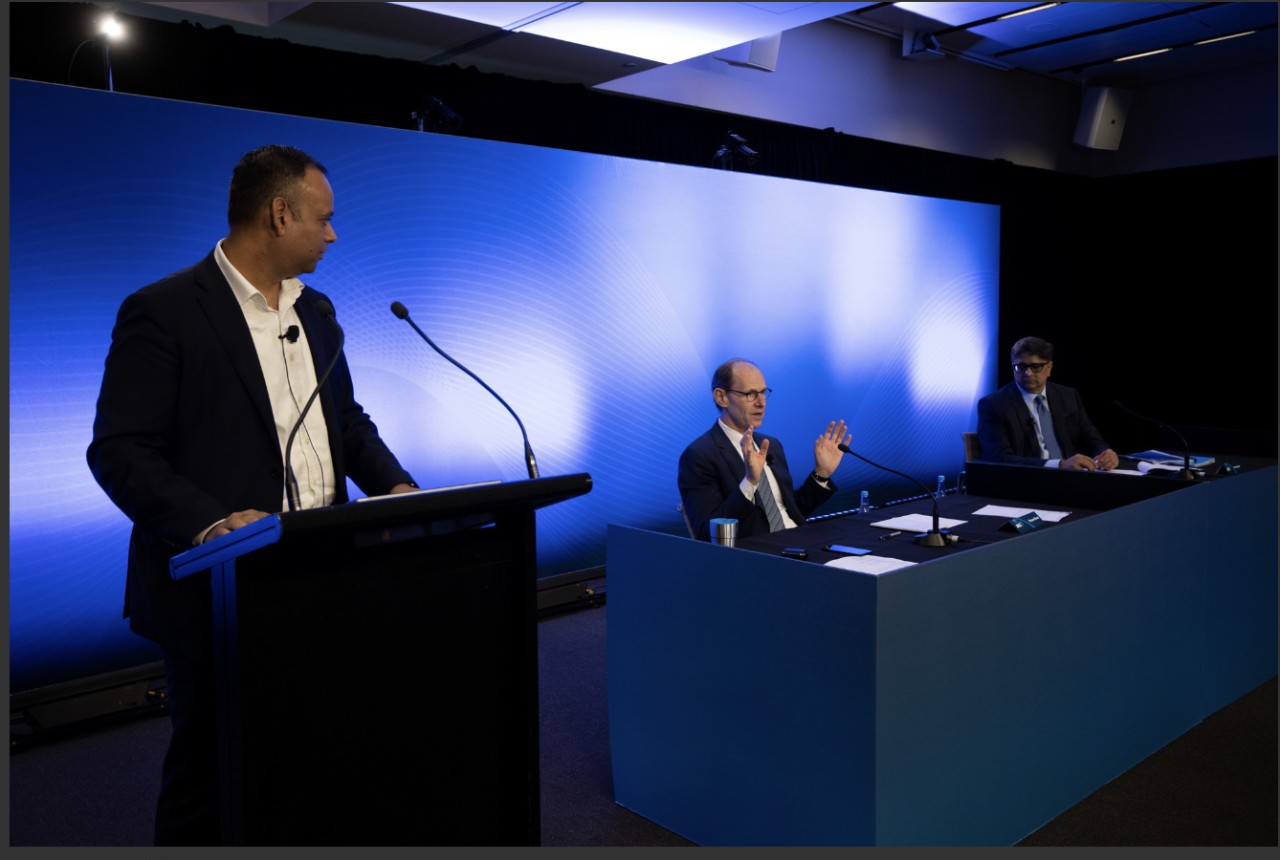 Briefing investors on the financial result. (L-R) Harsh Vardhan, Senior Manager Investor Relations, Shayne Elliott, Chief Executive Officer ANZ, and Farhan Faruqui, Chief Financial Officer ANZ, Source: Arsineh HouspianSource: Arsineh Houspian