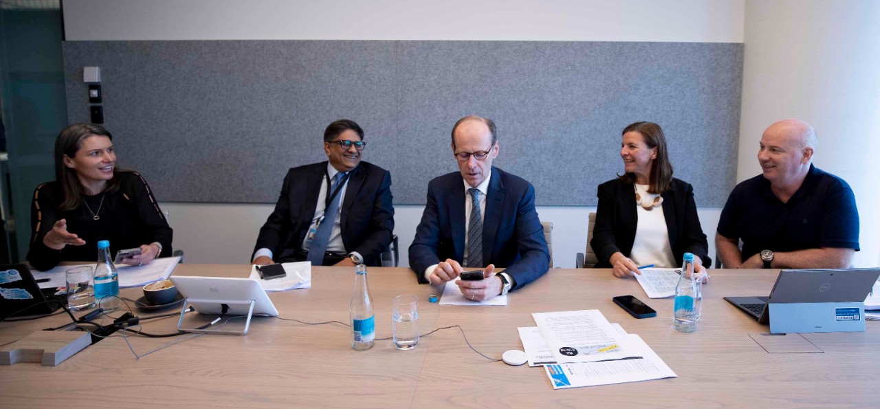Setting up the employee webcast. (L-R) Mel Treloar, Reward and Pay Tribe Lead, Farhan Faruqui, ANZ Chief Financial Officer, Shayne Elliott, ANZ Chief Executive Officer, Kathryn van der Merwe, Group Executive T&C and Service Centres, and Ken Adams, Group General Counsel. Source: Arsineh Houspian