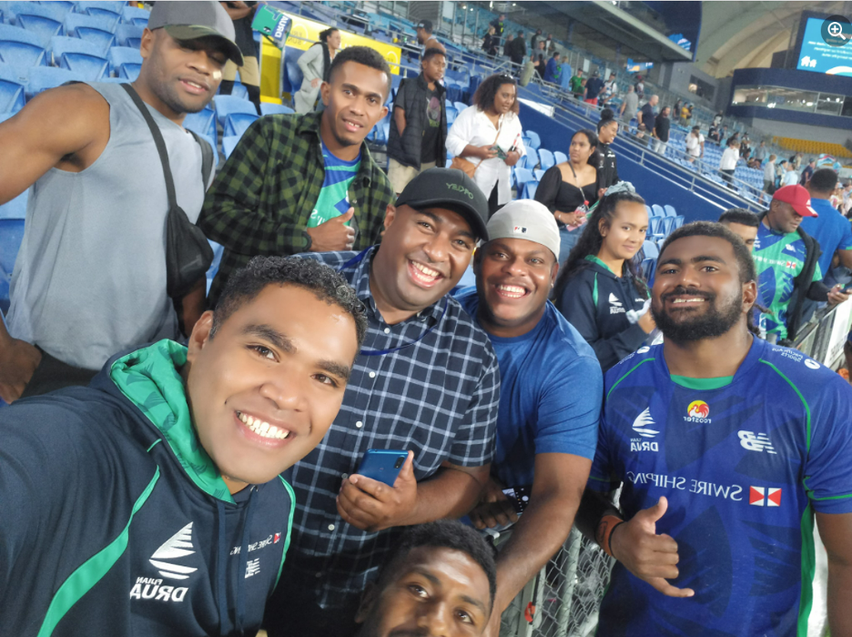 ANZ’s guests at the Fijian Drua game in the Gold Coast with player Mesulame Dolokoto Source: Apenisa Marau via Facebook