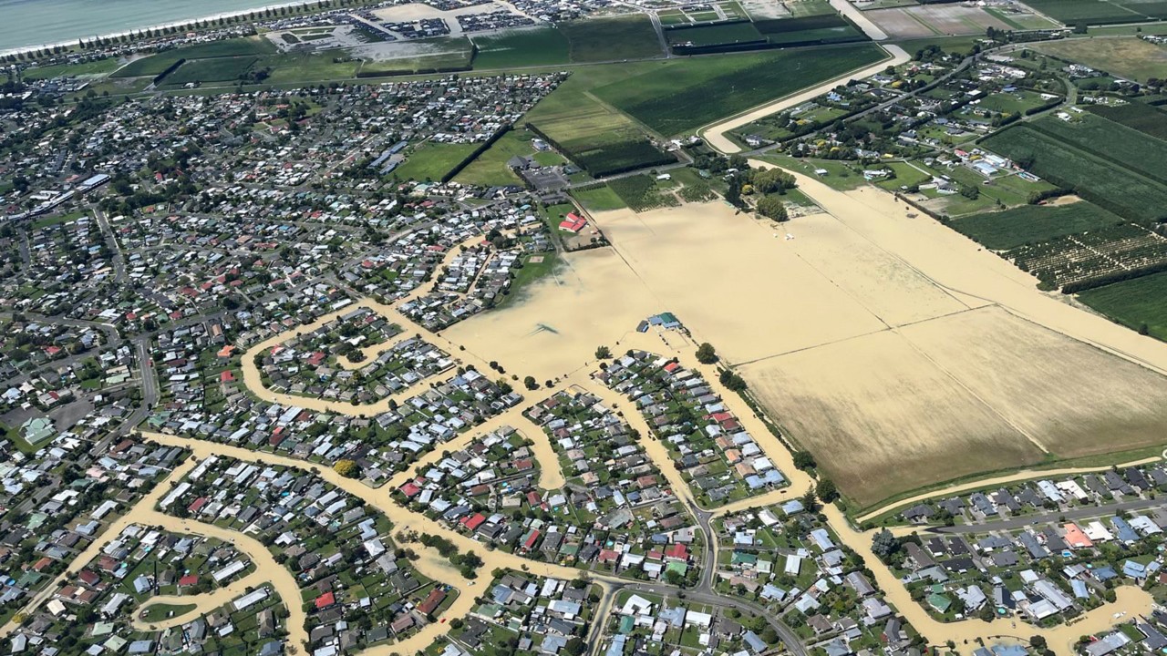A New Zealand Defence Force aerial image showing extensive flooding in a suburb of Napier after Cyclone Gabrielle.