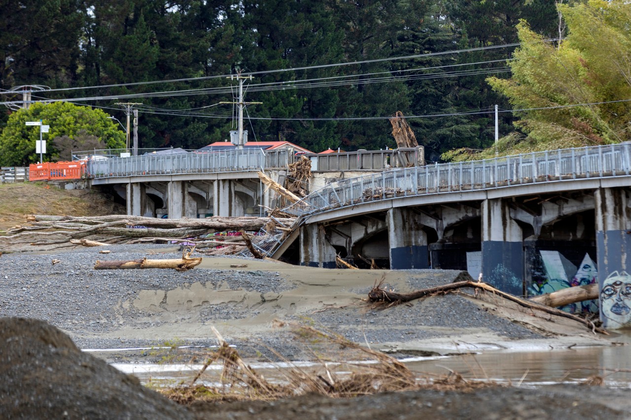 The remains of the Redclyffe Bridge, near Taradale in Napier, after flooding during Cyclone Gabrielle.