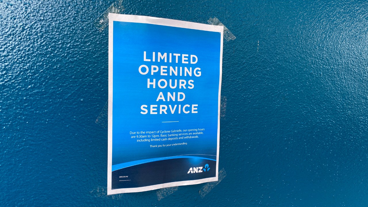 A sign outside an ANZ branch in Napier following Cyclone Gabrielle.